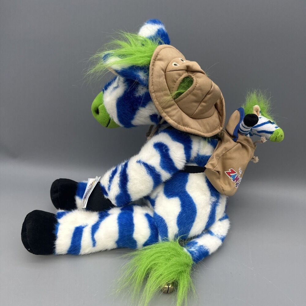 Vintage Zany Brainy Zebra Zipes 21" Plush ~ 1998 Safari Hat & Baby in Backpack - Picture 2 of 7